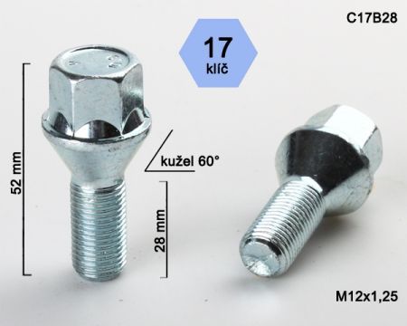 Skrutka M12 x 1,25 • kužel 60°, závit 28 mm