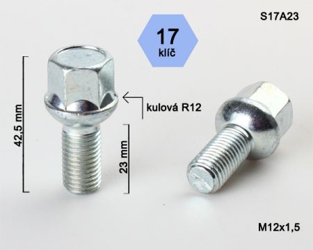 Skrutka M12 x 1,5 • guľa (polomer 12 mm), závit 23 mm