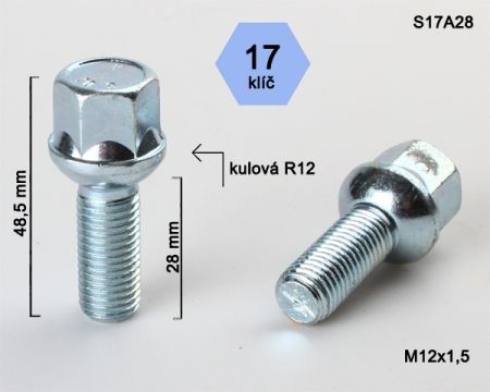 Skrutka M12 x 1,5 • guľa (polomer 12 mm), závit 28 mm