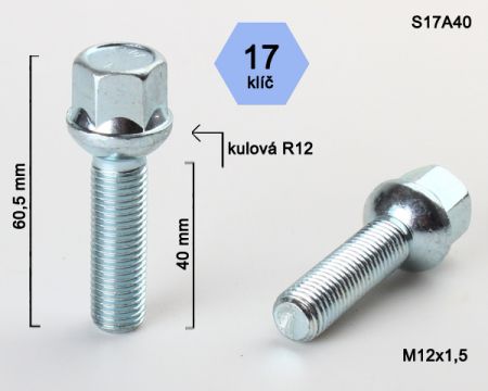 Skrutka M12 x 1,5 • guľa (polomer 12 mm), závit 40 mm
