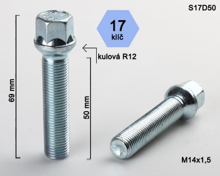 Skrutka M12 x 1,5 • guľa (polomer 12 mm), závit 50 mm