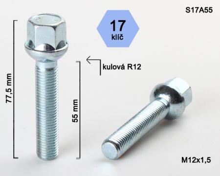Skrutka M12 x 1,5 • guľa (polomer 12 mm), závit 55 mm