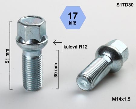 Skrutka M14 x 1,5 • guľa (polomer 12 mm), závit 30 mm