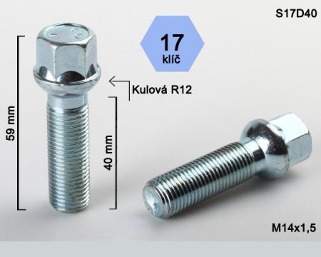 Skrutka M14 x 1,5 • guľa (polomer 12 mm), závit 40 mm