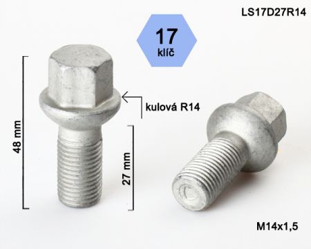 Skrutka M14 x 1,5 mm • guľa (polomer 14 mm) • 17 mm kľúč