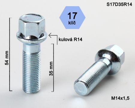 Skrutka M14 x 1,5 • guľa (polomer 14 mm), závit 35 mm