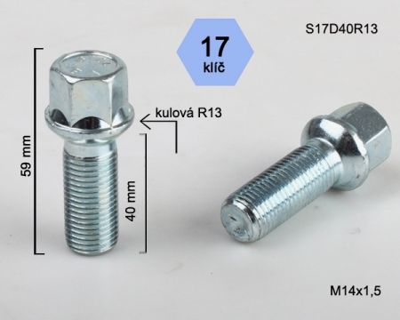 Skrutka M14 x 1,5 • guľa (polomer 13 mm), závit 40 mm