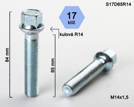 Skrutka M14 x 1,5 • guľa (polomer 14 mm), závit 65 mm