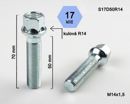 Skrutka M14 x 1,5 • guľa (polomer 14 mm), závit 50 mm