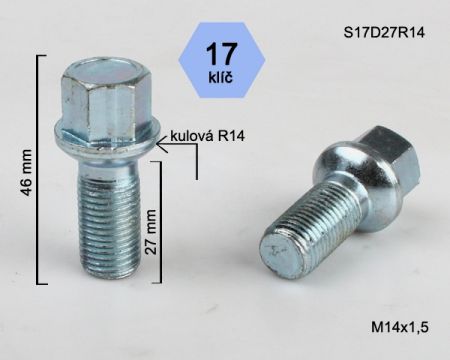 Skrutka M14 x 1,5 • guľa (polomer 14 mm), závit 27 mm