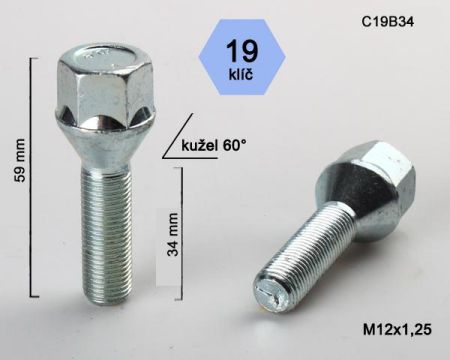 Skrutka M12 x 1,25 • kužel 60°, závit 34 mm