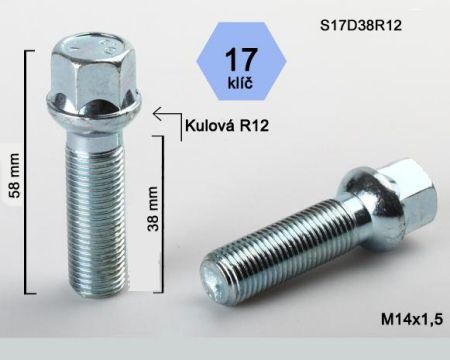 Skrutka M14 x 1,5 • guľa (polomer 12 mm), závit 38 mm