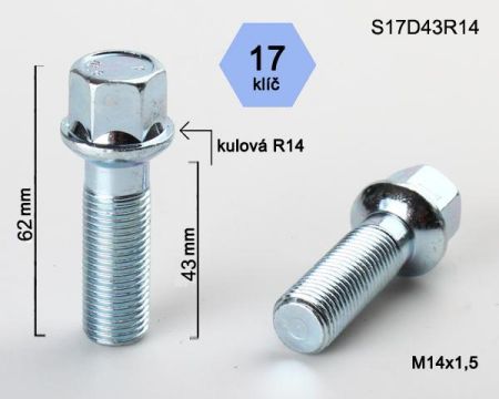 Skrutka M14 x 1,5 • guľa (polomer 14 mm), závit 43 mm