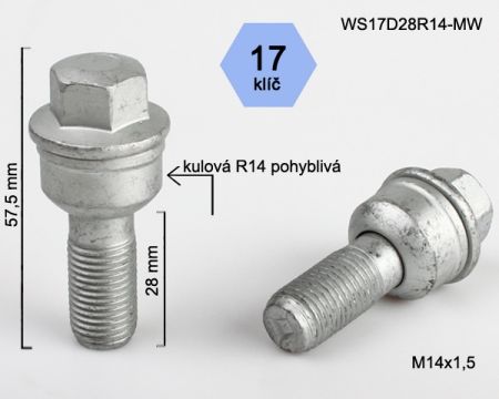 Skrutka M14 x 1,5 • guľa (polomer 14 mm), závit 28 mm