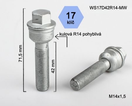 Skrutka M14 x 1,5 • guľa (polomer 14 mm), závit 42 mm