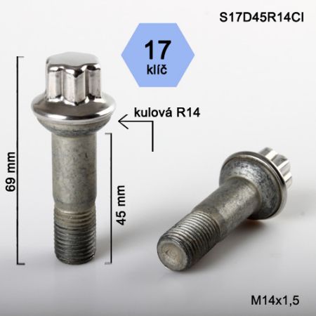 Skrutka M14 x 1,5 • guľa (polomer 14 mm),  driek so závitom 45 mm