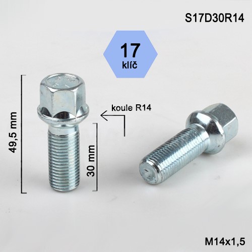 Skrutka M14 x 1,5 • guľa (polomer 14 mm), závit 30 mm