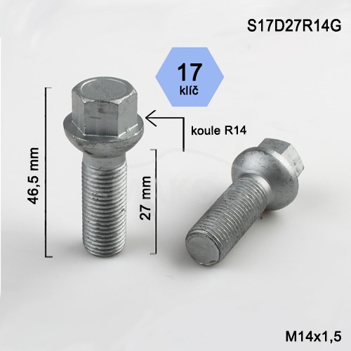 Skrutka M14x1,5x27 guľová R14, kľúč 17 (S17D27R14G) výška 46,5mm
