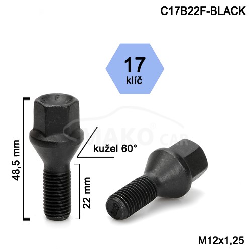Skrutka M12x1,25x22 kužel, kľúč 17, čierna, výška 48,5mm