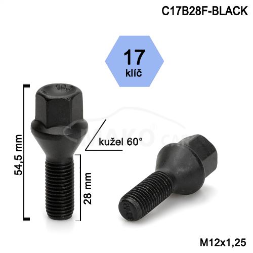 Skrutka M12x1,25x28 kužel, kľúč 17, čierna, výška 54,5mm