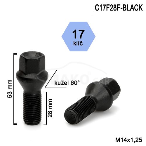 Skrutka M14x1,25x28, kužel, kľúč 17, čierna, výška 53mm