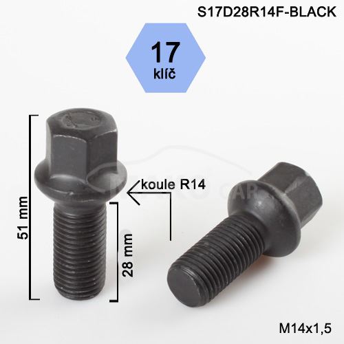 Skrutka M14x1,5x28 gulová R14, kľúč 17, čierna, výška 51mm