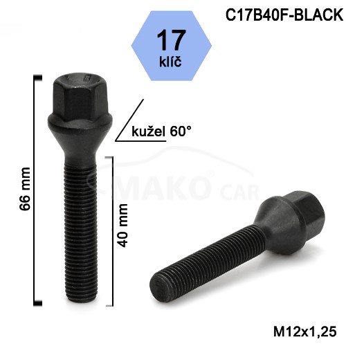 Skrutka M12 x 1,25 • kužel 60°, závit 40 mm, čierna