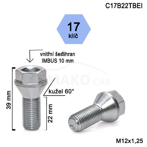 Skrutka s nízkou hlavou M12 x 1,25 • kužel 60° • 17 mm kľúč