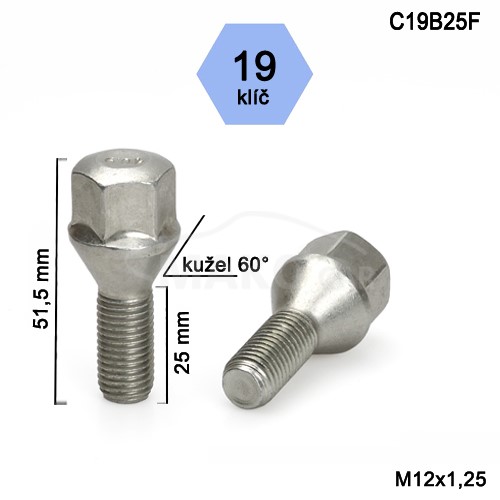 Skrutka M12x1,25x25 kužel, kľúč 19, výška 51,5mm