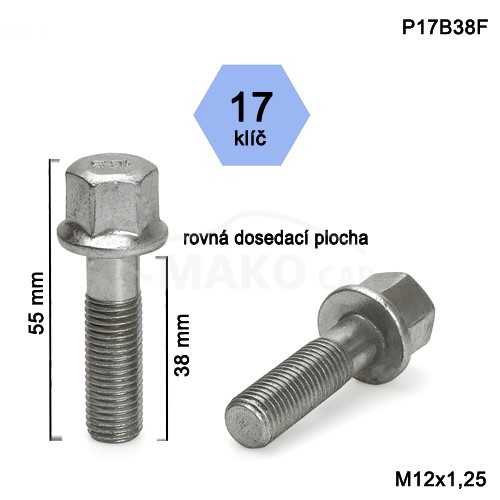 Skrutka M12 x 1,25x38 s rovnou dosadacou plochou, kľúč 17, výška 55 mm