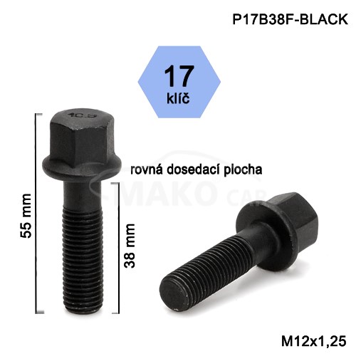 Skrutka M12 x 1,25x38 s rovnou dosadacou plochou, čierna, kľúč 17, výška 55 mm